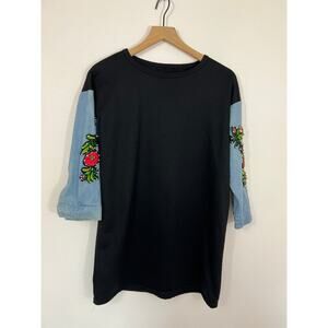 Black Denim Rose Embroidered Sleeve Tunic Dress 21”x30”
